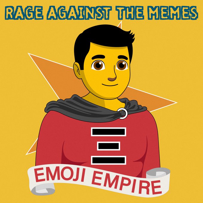 An illustrated logo featuring a yellow-skinned character in a red shirt and gray cape, with text 'RAGE AGAINST THE MEMES' and 'EMOJI EMPIRE' on a yellow background.