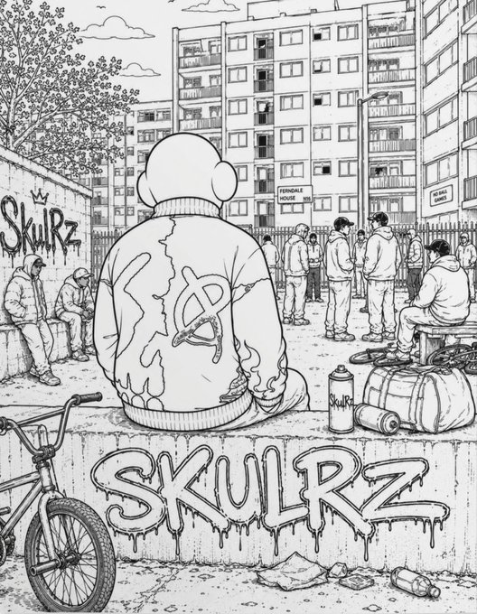 A detailed black-and-white line art illustration showing a character in a graffiti-covered hoodie sitting on a ledge, with other figures gathered near apartment buildings, accompanied by a prominent graffiti tag reading 'SKULRZ'.