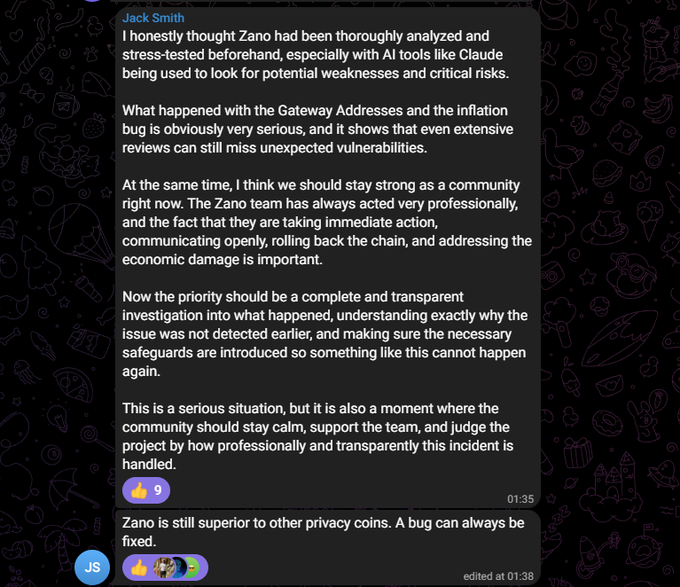 A Discord message from Jack Smith discussing the Zano cryptocurrency project, addressing concerns about Gateway Addresses and an inflation bug while encouraging community support.