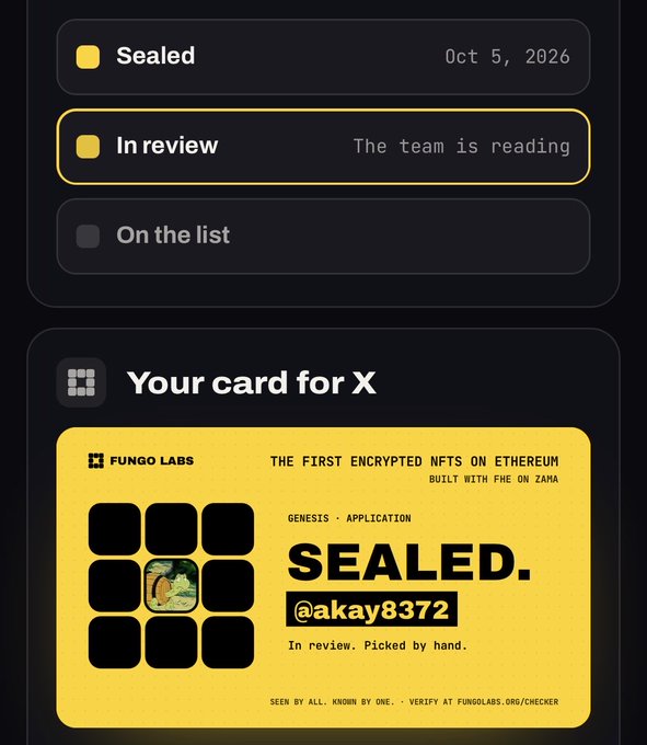 A Fungo Labs NFT card titled 'SEALED' assigned to @akay8372, marked as 'In review' with the status 'Picked by hand', dated Oct 5, 2026.
