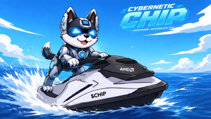 An anime-style illustration of a robotic dog in futuristic armor riding a jet ski labeled "$CHIP" and "AMD" with "CYBERNETIC CHIP - HARDWARE-INTEGRATED PUP" text in the corner.
