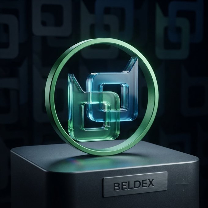 A 3D-rendered green and blue cryptocurrency logo for 'BELDEX' displayed on a dark pedestal against a patterned background.