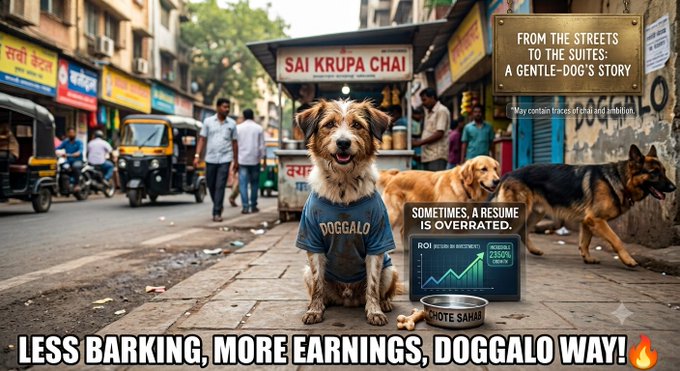 A street scene featuring a dog wearing a blue 'DOGGALO' shirt, with text 'LESS BARKING, MORE EARNINGS, DOGGALO WAY!' and 'FROM THE STREETS TO THE SUITES: A GENTLE-DOG'S STORY'.