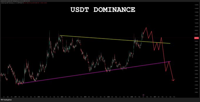 The image displays a TradingView chart titled "USDT DOMINANCE" showing a descending trendline with annotations indicating a projected sharp drop, visually supporting the post's claim that USDT dominance is falling—a bullish signal for crypto markets as it suggests capital is rotating out of stablecoins into riskier assets.