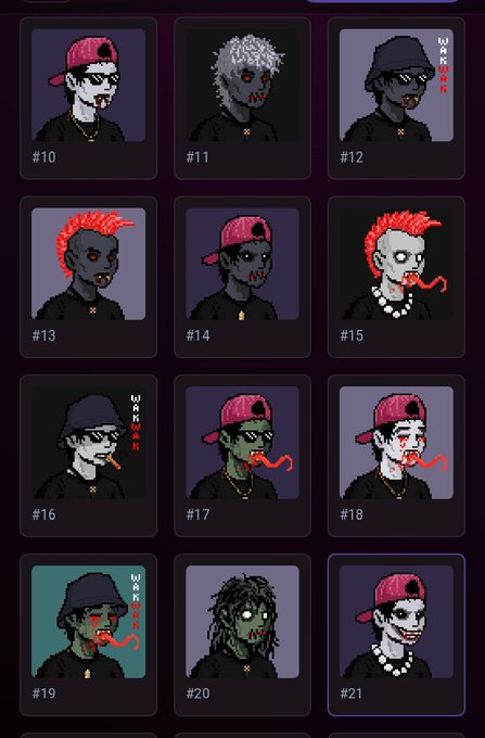 A grid of pixel-art character portraits numbered #10 through #21, featuring zombie-like figures with red mohawks, caps, blood, snakes, and 'WANTED' markings on some designs.