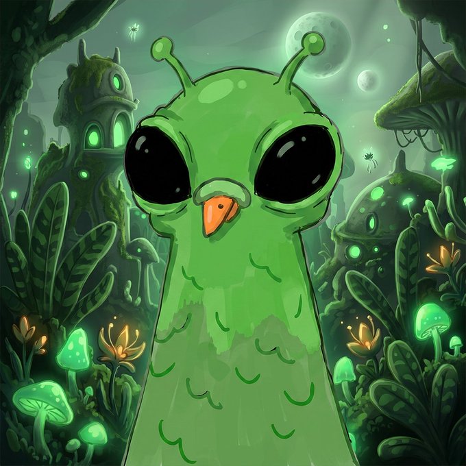 A cute green alien creature with large black eyes and antennae stands in a bioluminescent forest with glowing mushrooms and mossy structures under a moonlit alien sky, perfectly capturing the otherworldly essence of finding a new home among the stars.