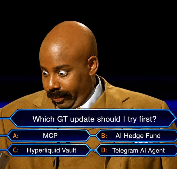 The image features a bald man with a mustache wearing a brown suit, who appears to be looking down at something or someone off-camera. The caption of the image reads "Which GT Update should I try first? MCP B: Hyper Liquid Vault D: Telegram Agent". This suggests that the man is participating in an online game or challenge where he has to answer questions related to the GTC update, and his response could be used as a part of the game.

The image also contains several other text elements such as "which GT Update should I try first" and "MCP B: Hyper Liquid Vault D: Telegram Agent". These elements are likely meant to provide context or hints about the game's rules or objectives, but they do not directly relate to the main subject of the image.