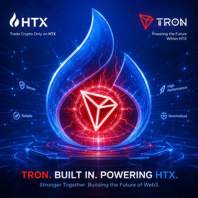 A promotional graphic for HTX and TRON featuring a stylized blue and red flame, with text 'TRON. BUILT IN. POWERING HTX. Stronger Together. Building the Future of Web3.' and labels highlighting Secure, Reliable, High Performance, and Decentralized features.