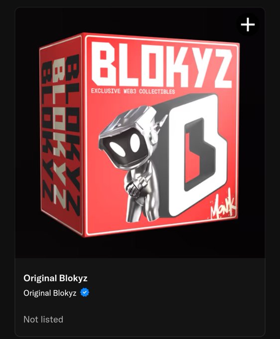 A digital collectible listing for "Original Blokyz" features a red toy box design with the "BLOKYZ" branding and "EXCLUSIVE WEB3 COLLECTIBLES" tagline, alongside a silver blocky character mascot—aligning with the announcement that Blokyz is coming to the platform as an unlisted NFT collection.