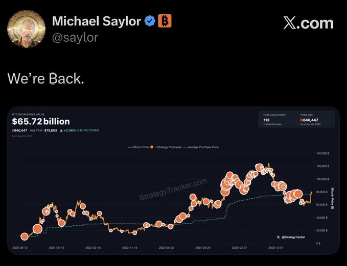 A tweet from Michael Saylor (@saylor) reads 'We're Back.' showing a Bitcoin reserve value chart of $65.72 billion with a StrategyTracker.com watermark.