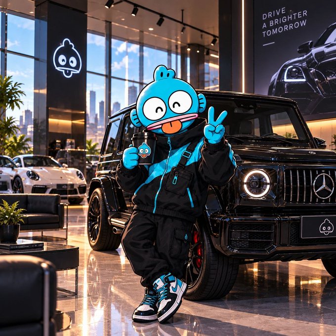 A blue cartoon mascot character wearing a black jacket and Jordan sneakers poses with a peace sign in front of a black Mercedes-Benz G-Wagon at a luxury car showroom with 'DRIVE A BRIGHTER TOMORROW' displayed.