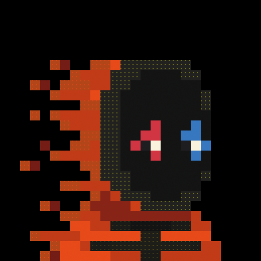 A pixel art character featuring a black hooded figure with mismatched pink and blue cross-shaped eyes, depicted disintegrating or pixelating into orange and red blocks on the left side.