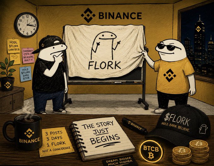 A cartoon image shows two characters unveiling a banner reading "FLORK" under a "BINANCE" logo, alongside a notepad reading "THE STORY JUST BEGINS," a sticky note stating "3 POSTS 3 DAYS 1 FLORK — NOT A COINCIDENCE," and merchandise like a "$FLORK HODL EARN BELIEVE" hat and "BTCB" coin, visually reinforcing the post's claim about Binance posting FLORK three days in a row as no longer a coincidence.