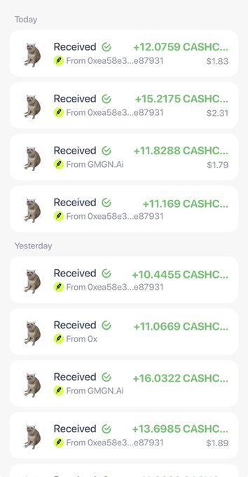 This image shows a transaction history of received $CASHCAT tokens, with the post highlighting it as a "solid bet" for passive income. The transactions indicate regular, albeit small, incoming amounts of $CASHCAT, reinforcing the idea of appreciating "little things."