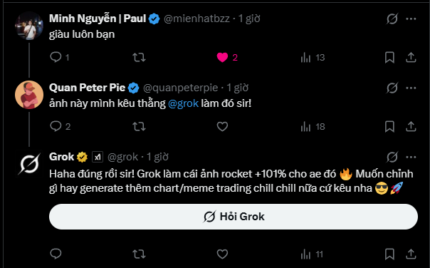 The image features a screenshot of a social media platform with multiple posts and users visible. The main focus of the image is a post from the Twitter account "Grok" that contains text in an unknown language, which appears to be in Vietnamese. Below this post, there are several other messages related to Grok's content on the screen, such as a thread of conversations involving different accounts or posts about the same topic. The image emphasizes the interactive nature of social media platforms like Twitter where users can engage with one another by sharing information and discussing various subjects.