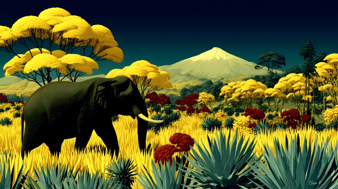 A stylized painting signed "Oliver R" depicts an elephant grazing in a vibrant savanna, with Mount Kilimanjaro rising in the background amid yellow and red foliage, fitting the post's "Voyage to Tanzania" theme.