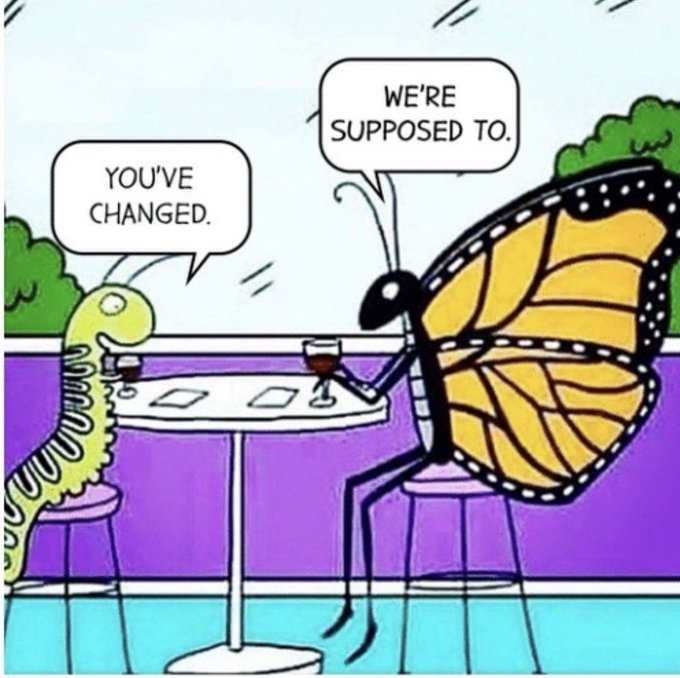 A cartoon depicts a caterpillar and a butterfly sitting across from each other at a restaurant table; the caterpillar says "YOU'VE CHANGED." and the butterfly responds "WE'RE SUPPOSED TO."
