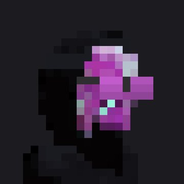 A pixel art rendering of a figure wearing a purple helmet with teal accents against a dark gray background.
