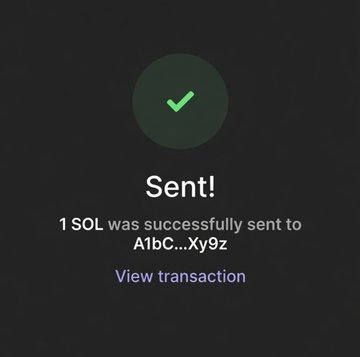 The image displays a transaction confirmation showing "Sent!" with a checkmark, indicating 1 SOL was successfully transferred to the address A1bC...Xy9z, with a "View transaction" link. It serves as proof of payment for the giveaway mentioned in the post, where 20 commenters are being awarded 1 SOL each.