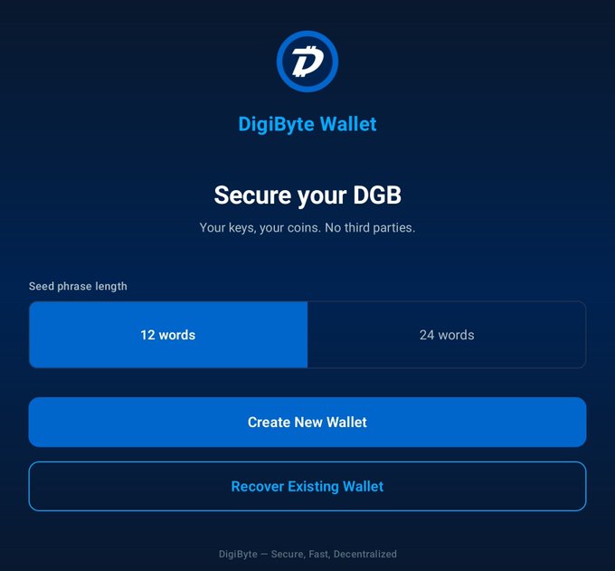 A mobile app screen for DigiByte Wallet displaying 'Secure your DGB' with options to create a new wallet or recover an existing one, and seed phrase length selection.