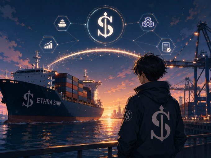 An anime-style illustration showing a hooded figure with a dollar sign logo on their jacket looking out at a large cargo ship labeled 'ETHRA SHIP' at a port, with floating holographic icons including a dollar symbol, cargo ship, and boxes above.
