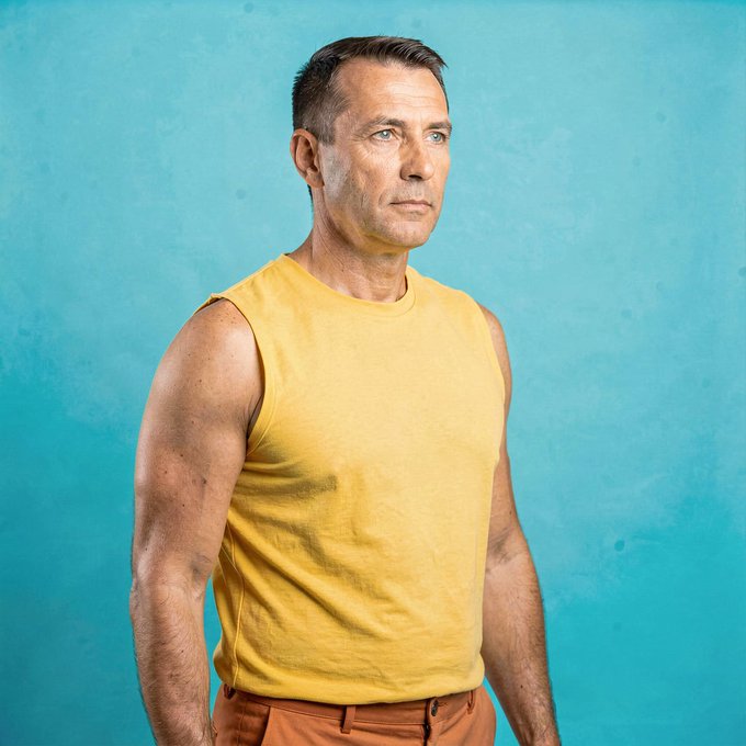 A man in a yellow sleeveless shirt poses against a turquoise backdrop with a contemplative, almost reverent expression, fitting the sermon-like tone of the post. His serious, upward gaze mirrors the prayerful declaration about "shutting down spam" and refocusing on monetary transactions as the sole purpose of the blockchain.