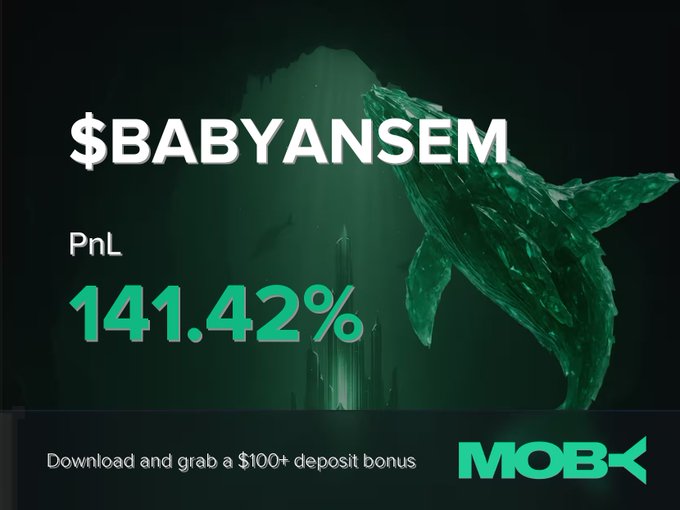 A promotional graphic for Moby Mobile displays a "Win Alert" for trader $BABYANSEM, featuring a striking green whale sculpture and the trader's impressive PnL of +141.42%. The banner promotes a $100+ deposit bonus offer, aligning with the post celebrating the trending token's gain from $135.14K to $418.92K market cap.
