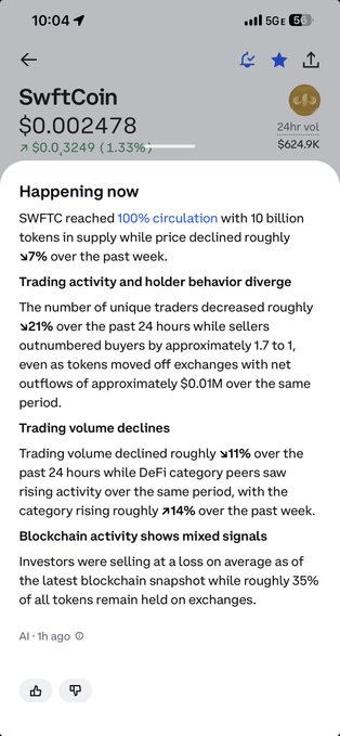 Mobile screenshot showing SwftCoin (SWFTC) cryptocurrency news, displaying a price of $0.002478, a 1.33% increase, and 24hr volume of $624.9K.