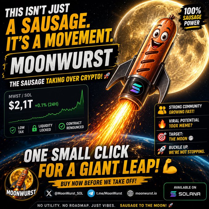 A promotional crypto advertisement for MoonWurst (MWST/SOL) featuring a cartoon sausage rocket flying toward the moon, claiming '100% SAUSAGE POWER' and 'NO UTILITY. NO ROADMAP. JUST VIBES. SAUSAGE TO THE MOON!'