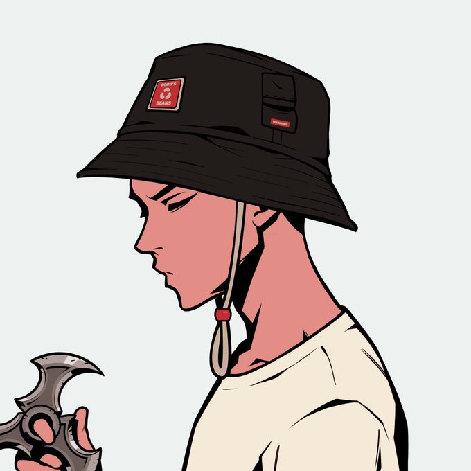An anime-style illustration of a person wearing a black bucket hat with a "SHARE'S RECYCLE" patch, holding a metallic shuriken-like object.