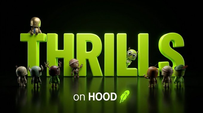 3D render with green 'THRILIS' text and small cartoon characters, labeled 'on HOOD' with a green leaf logo.