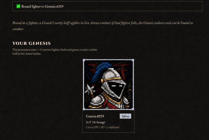 A screenshot from a video game interface showing 'Bound fighter to Genesis #259' with a silver-ranked knight character NFT, featuring 5% damage buff and 0W/0D/1 deployed career stats.