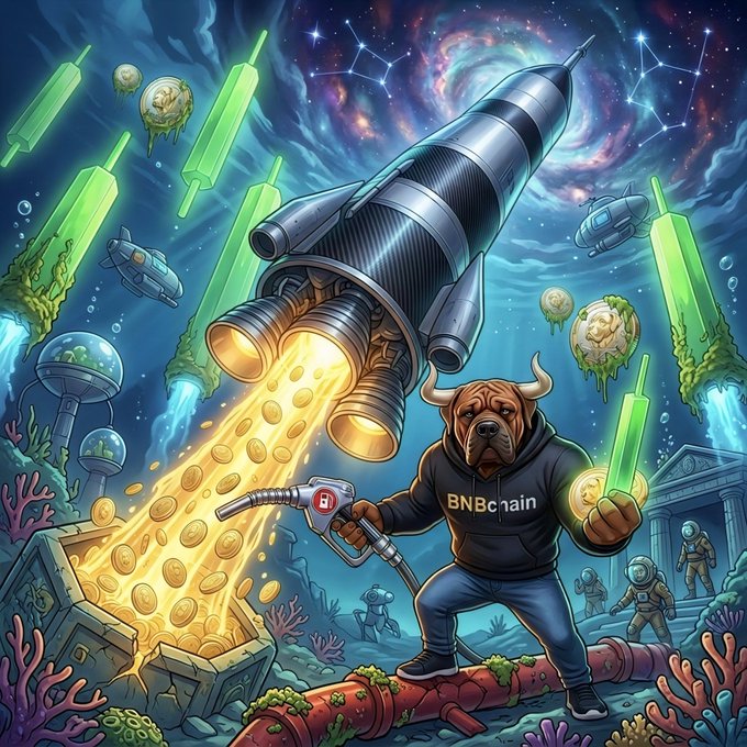 A digital illustration featuring a dog in a "BNBChain" hoodie holding a gas pump nozzle and pouring gold coins from a rocket's exhaust into a chest, set against a cosmic background with green candlesticks and underwater elements.