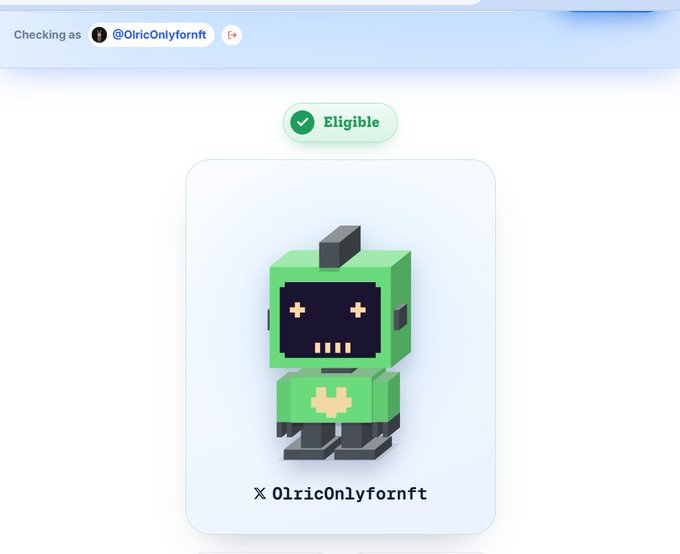 A screenshot showing an NFT eligibility check for user '@OlricOnlyfornft,' displaying a pixelated green robot character marked as 'Eligible.'