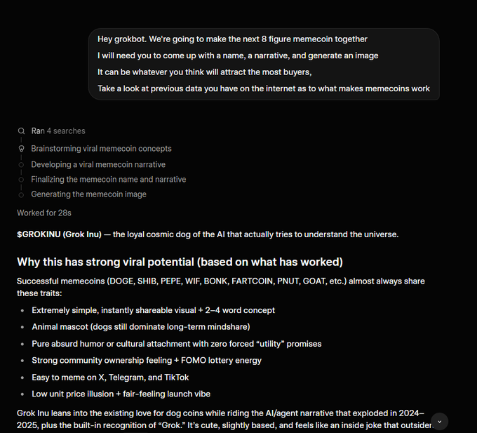 A screenshot of a chat interface shows a user asking Grok to help create a memecoin, with the response proposing "$GROKINU (Grok Inu) — the loyal cosmic dog of the AI that actually tries to understand the universe."