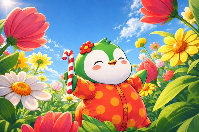 A cheerful cartoon penguin wearing a red polka-dot outfit and a flower headband, holding a candy cane while standing in a field of colorful daisies and red flowers under a sunny sky.