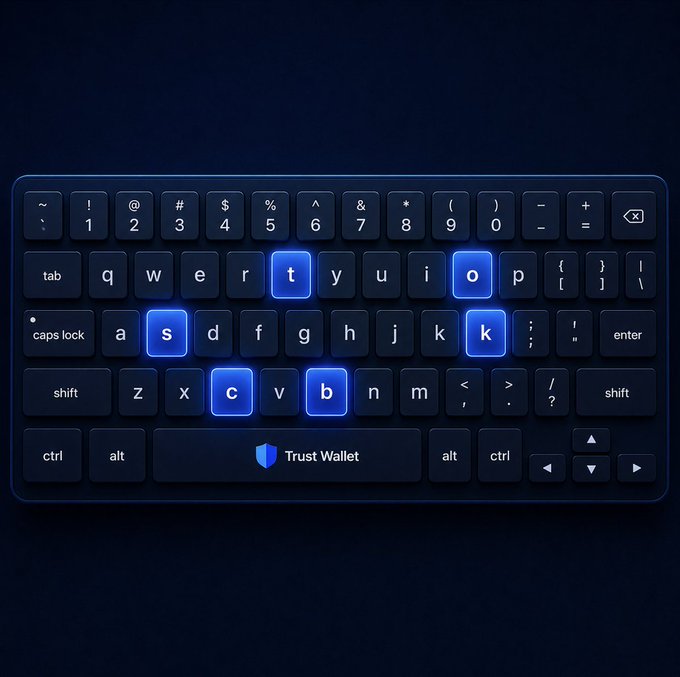 A dark digital keyboard glows with the highlighted blue letters spelling "STOCK," referencing the Trust Wallet trading race hinted at in the post, with the Trust Wallet logo displayed on the spacebar.
