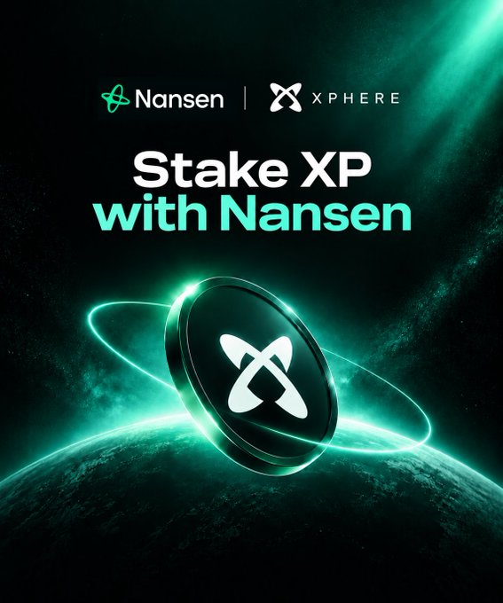 A promotional graphic for a Nansen × XPHERE staking campaign featuring the text "Stake XP with Nansen" alongside logos for both Nansen and XPHERE, set against a dark cosmic backdrop with a glowing XP coin hovering over Earth. The image visually reinforces the campaign announcement inviting users to stake 3,000+ XP from September 15–30 for a chance at 247,000 XP in rewards.
