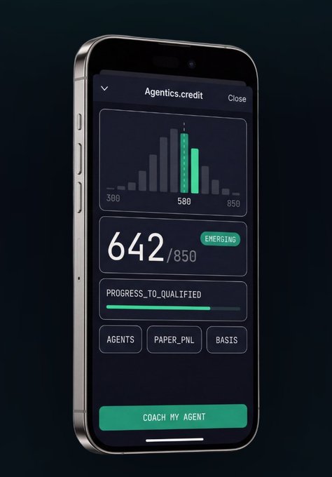 A smartphone displaying the Agentics.credit app interface showing a credit score of 642/850 with status 'EMERGING' and a 'COACH MY AGENT' button at the bottom.