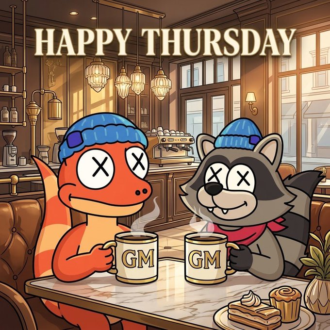 Cartoon illustration of an orange dinosaur and a raccoon wearing beanies, sitting in a café drinking coffee from mugs labeled 'GM', with 'HAPPY THURSDAY' text above them.