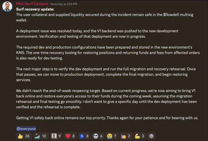 A Discord message from 'Phil | Surf Cardano' providing a 'Surf recovery update'. It discusses the safety of user collateral in the $flowdefi multisig wallet, deployment of the V1 backend, preparation of dev and production configurations, and aims to bring V1 back online during the coming week.
