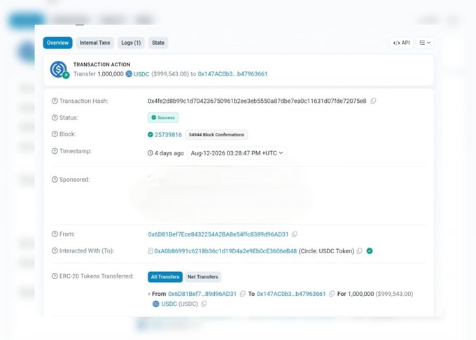 The image shows a blockchain transaction receipt confirming a transfer of 1,000,000 USDC ($999,543.00) from wallet 0x6D81Bef7...89d96AD31 to address 0x147AC0b3...47963661, recorded as successful on block 25739816 with 34,944 confirmations on Aug 12, 2026. This transaction record serves as the "receipts" referenced in the post, documenting the million-dollar USDC deposit that was reportedly turned into a $1,749,000 payout by the platform.