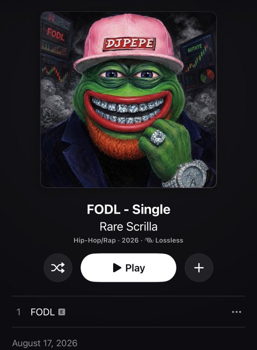 A music streaming interface displaying the single 'FODL' by 'Rare Scrilla' (Hip-Hop/Rap, 2026), with album art showing a Pepe-style green character wearing a pink 'DJ PEPE' cap and diamond grill.