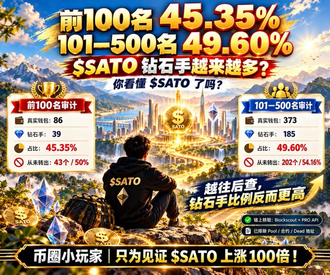 A promotional graphic for $SATO cryptocurrency showing statistics for the top 100 (45.35%) and 101-500 (49.60%) holders, featuring an illustration of a person overlooking a golden city, with text claiming '钻石手越来越多？' (Are diamond hands increasing?) and '币圈小玩家 | 只为见证 $SATO 上涨100倍！'.