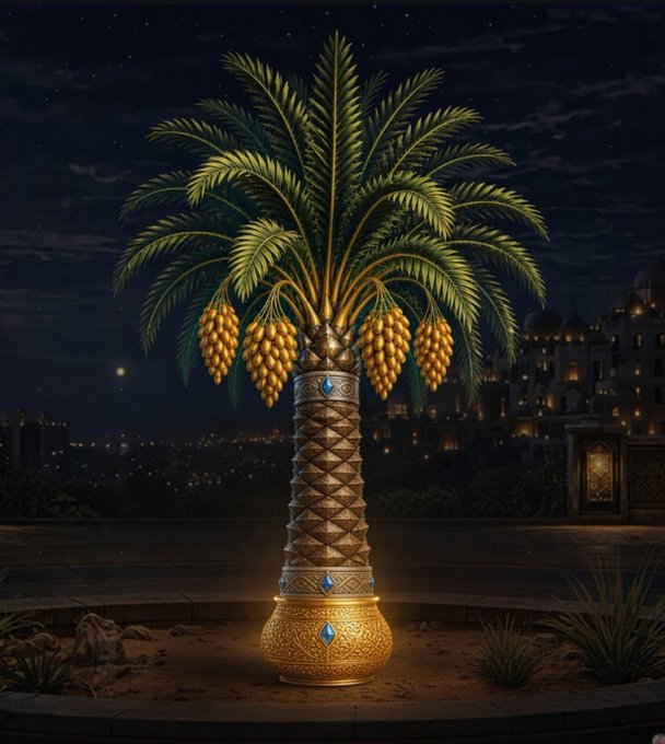 A luminous golden date palm adorned with jeweled accents stands as a radiant centerpiece against a starlit night, echoing the post's theme of steadfast presence and quiet dedication in a shifting landscape.