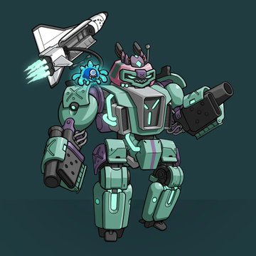 A cartoon-style illustration of a teal and purple mech robot equipped with weapons, a jetpack, and a small alien-like creature with pink hair on its shoulder.