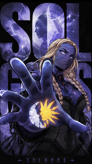 Comic-style artwork with the title 'SOLGODS' featuring a purple-skinned female character with glowing circuit-like markings, extending a hand that displays a sun and moon eclipse motif against a stormy purple background.