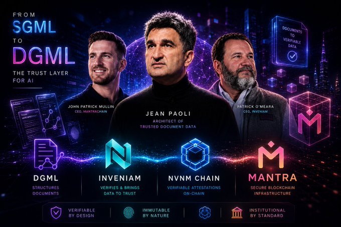 A promotional graphic for blockchain technology featuring 'From SGML to DGML - The Trust Layer for AI', showcasing executives Jean Paoli (Inveniam), John Patrick Mullin (Mantrachain), and Patrick O'Meara (CEO, Inveniam) alongside logos for DGML, Inveniam, NVNM Chain, and Mantra.