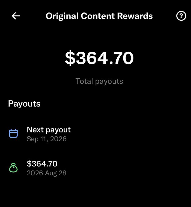 A screenshot of a mobile app showing 'Original Content Rewards' with total payouts of $364.70 and a next payout scheduled for Sep 11, 2026.