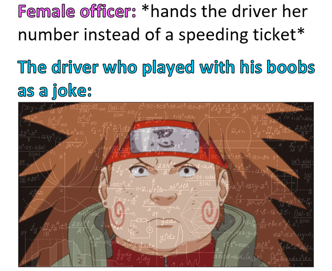 The image features a cartoon character with a red bandana, possibly a female officer or a driver, wearing a green jacket. The character appears to be looking at the camera with an angry expression. The background of the image contains various mathematical equations written in black text, which seem to be related to the post's content about female officers and drivers playing with their breasts as a joke.